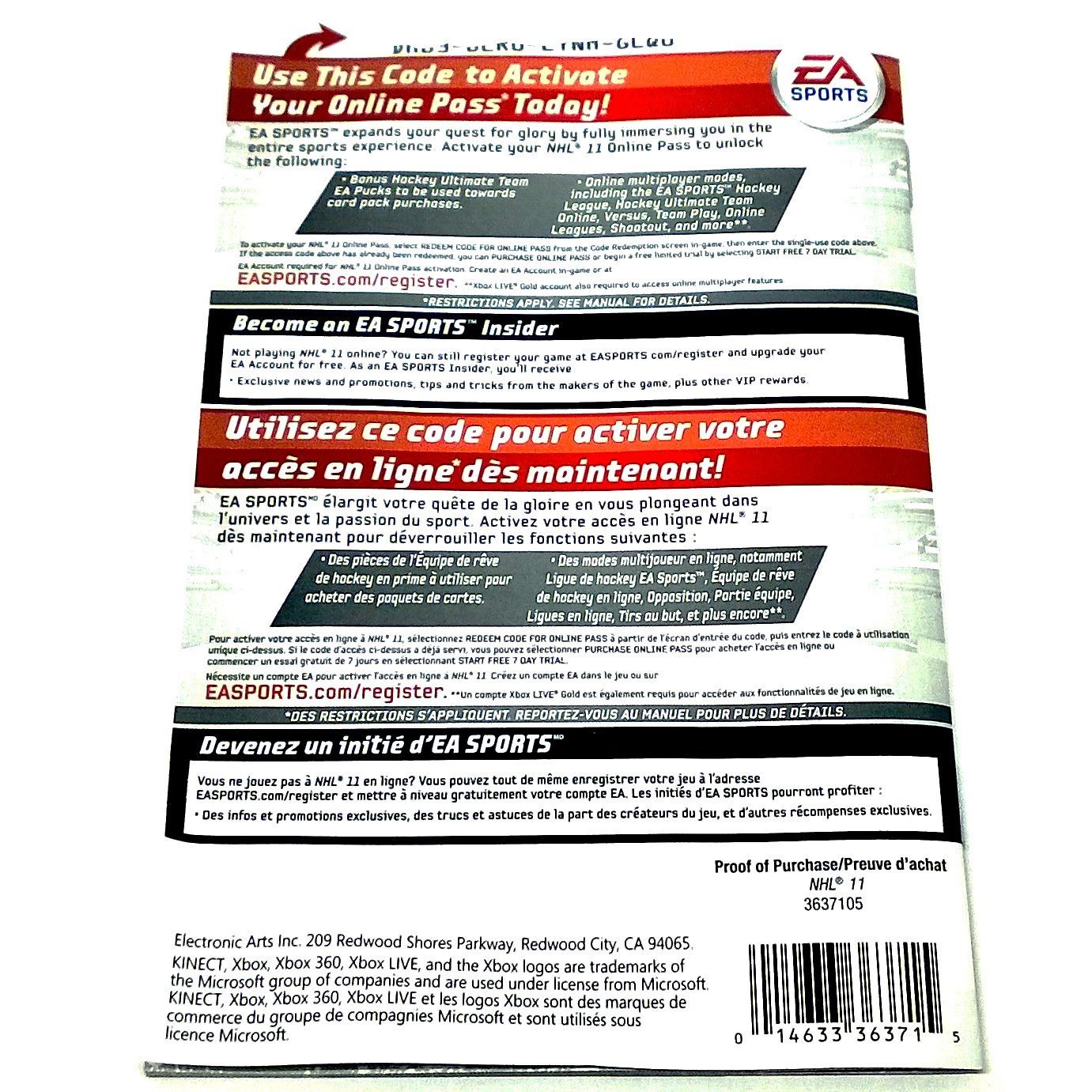 NHL 11 for Xbox 360 - Back of manual