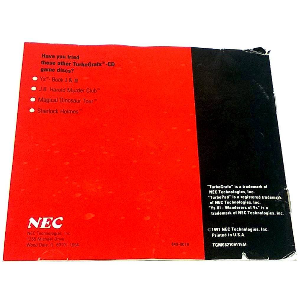 Ys III: Wanderers from Ys for TurboGrafx-16 CD - Back of manual