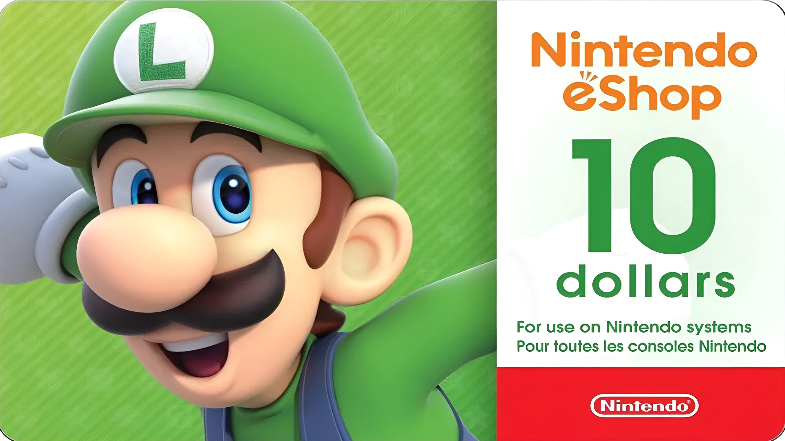 A $10 Nintendo eShop digital gift card code printed on a paper voucher with a Switch Pro controller in the background