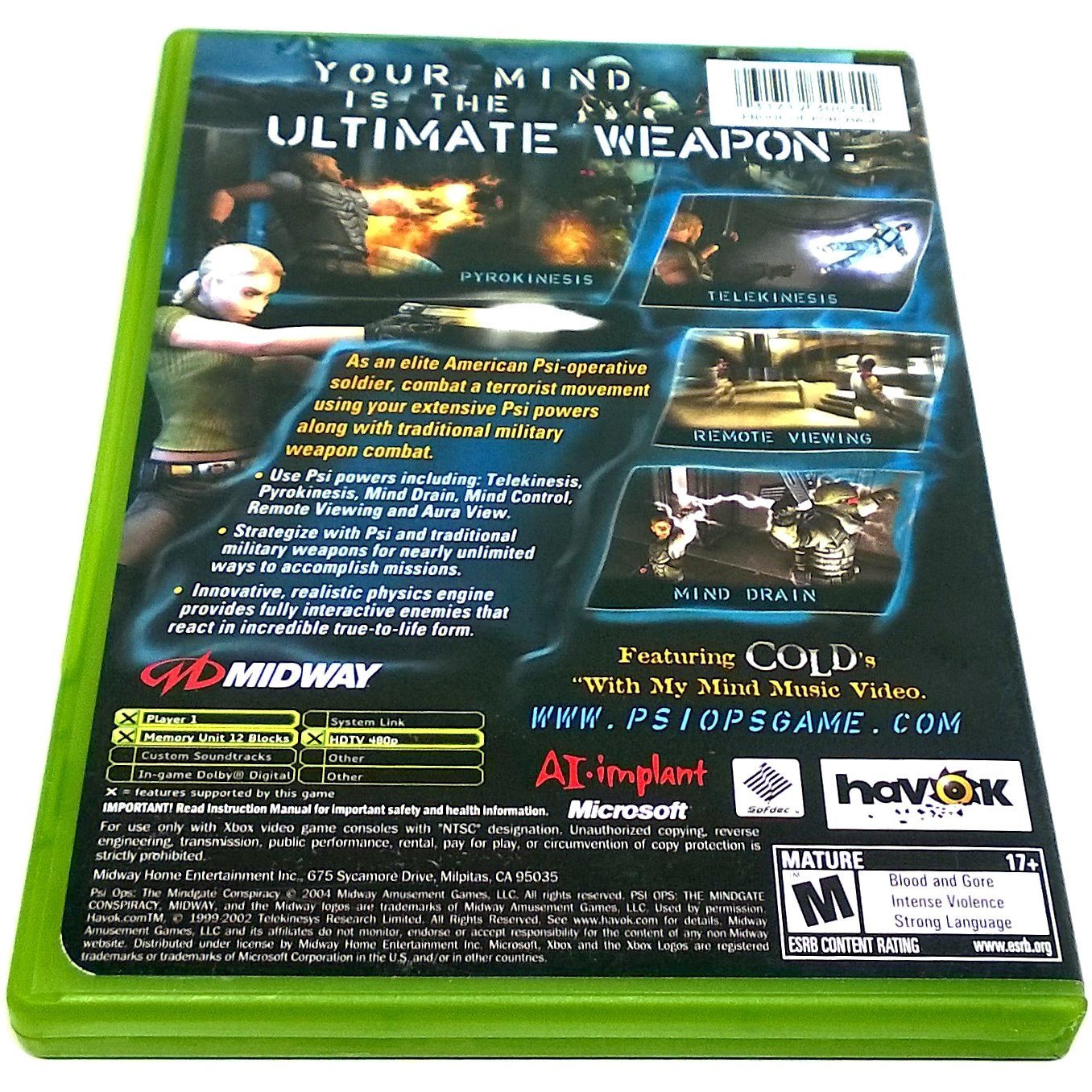 Psi-Ops: The Mindgate Conspiracy for Xbox - Back of case