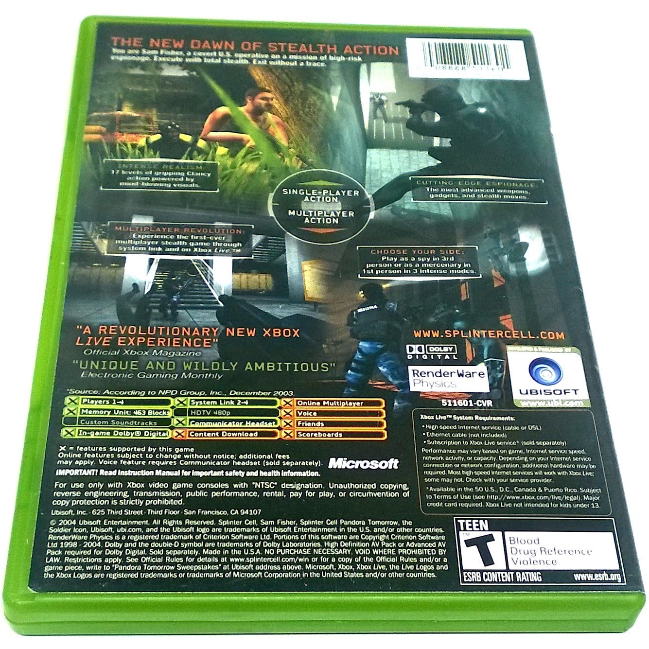 Tom Clancy's Splinter Cell: Pandora Tomorrow for Xbox - Back of case
