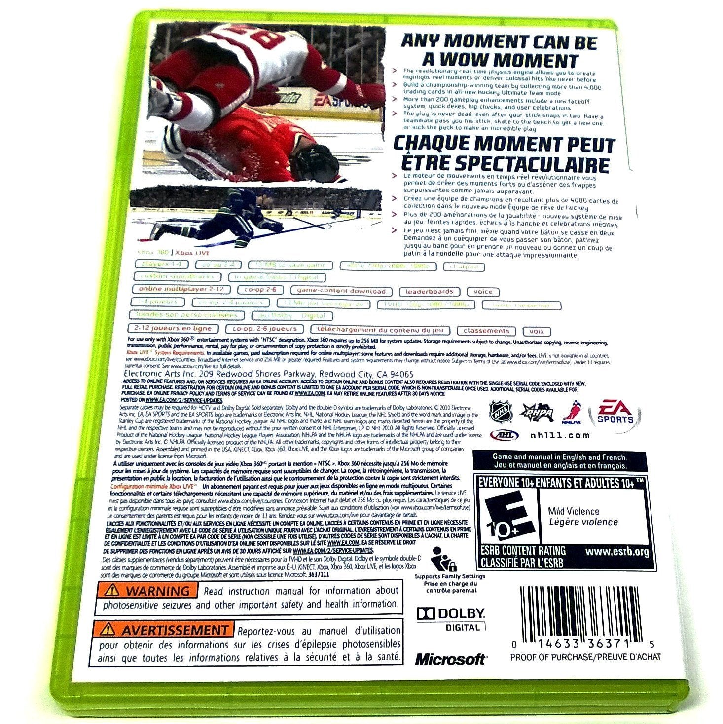 NHL 11 for Xbox 360 - Back of case