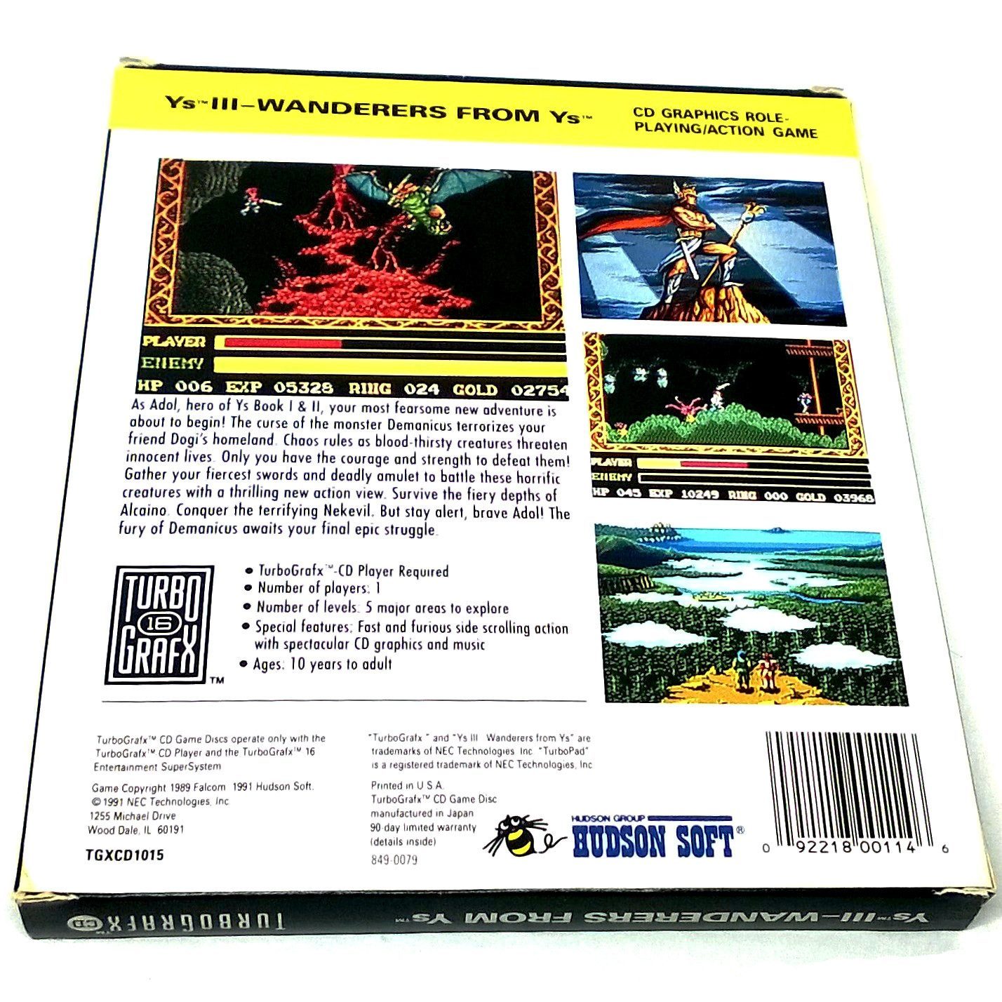Ys III: Wanderers from Ys for TurboGrafx-16 CD - Back of box